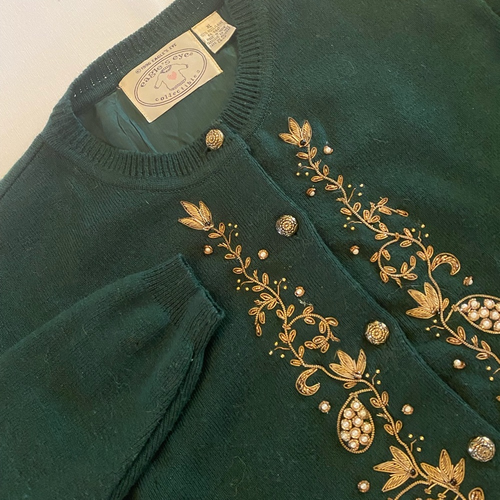 Women’s Eagle’s Eye Beaded Emerald Green Wool Cardigan Sweater 1996 Size XL